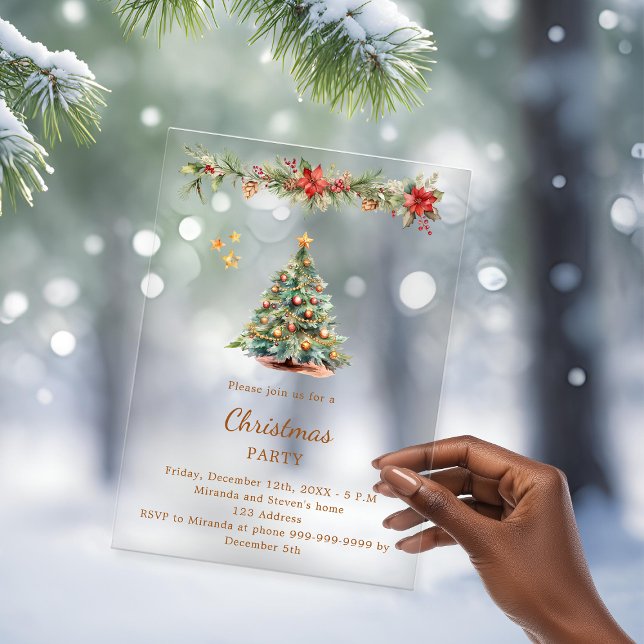 Tree garland red florals Christmas Party frosted Acrylic Invitations (Creator Uploaded)