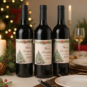 Tree garland red florals cream Christmas Party Wine Label