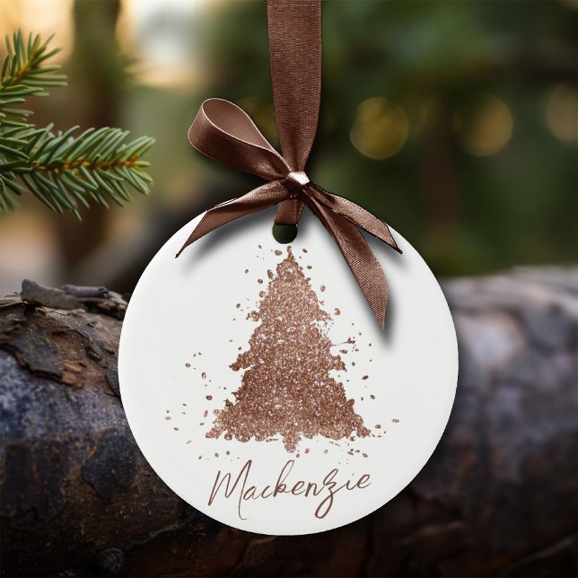 Tree Glam Decor | Copper Rose Gold Script Sparkle Ceramic Ornament (Creator Uploaded)