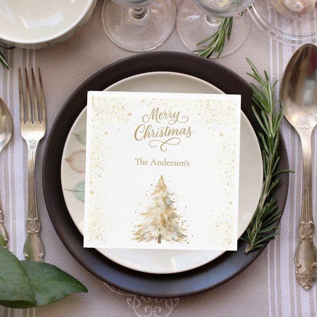 Tree gold white snow script Christmas luncheon Napkin (Creator Uploaded)