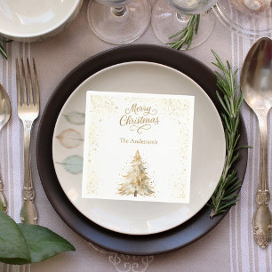 Tree gold white snow script Christmas Napkin