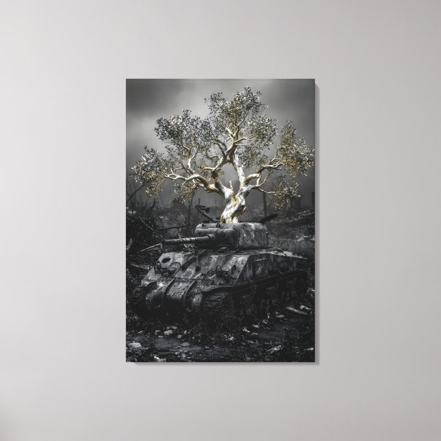 Tree growing from war tank canvas print (Front)