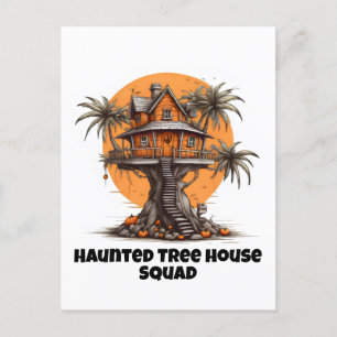 Tree house and pumpkins postcard