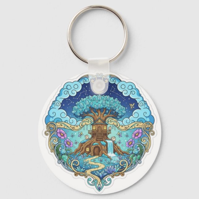 Tree House Under Moon Fantasy magical illustration Keychain (Front)