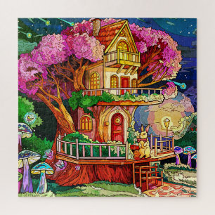 Tree House With Bunny Illustration Jigsaw Puzzle