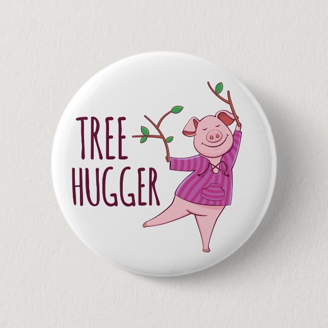 Tree Hugger Cute Hippy Pig Badge 2 Inch Round Button (Front)