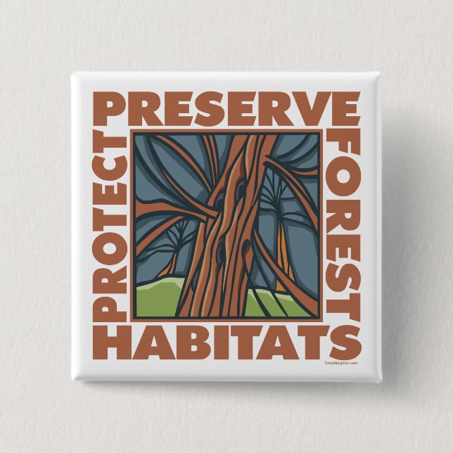 Tree Hugger, Protect Forests 2 Inch Square Button (Front)