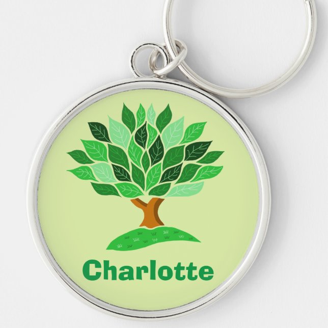 Tree Illustration with Green Leaves. Add Name. Keychain (Front)