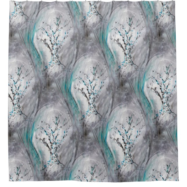 Tree Impression Aqua Teal Grey Shower Curtain (Front)