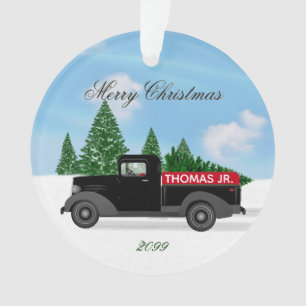 Tree in Black Vintage Truck - Merry Christmas Ornament