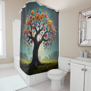 Tree in Bloom, coloured Flowers & butterflies