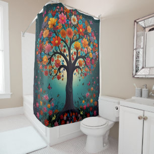 Tree in Bloom, coloured Flowers & butterflies