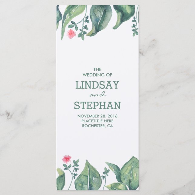 Tree Leaves Watercolor Rustic Wedding Programs (Front)