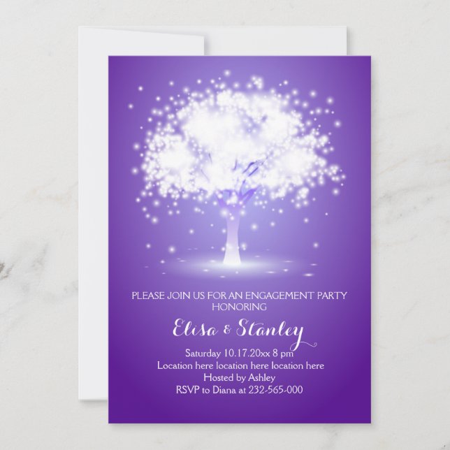 Tree & lights purple wedding engagement party invitation (Front)