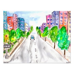 Tree-lined Boulevard City Buildings Watercolor Photo Print