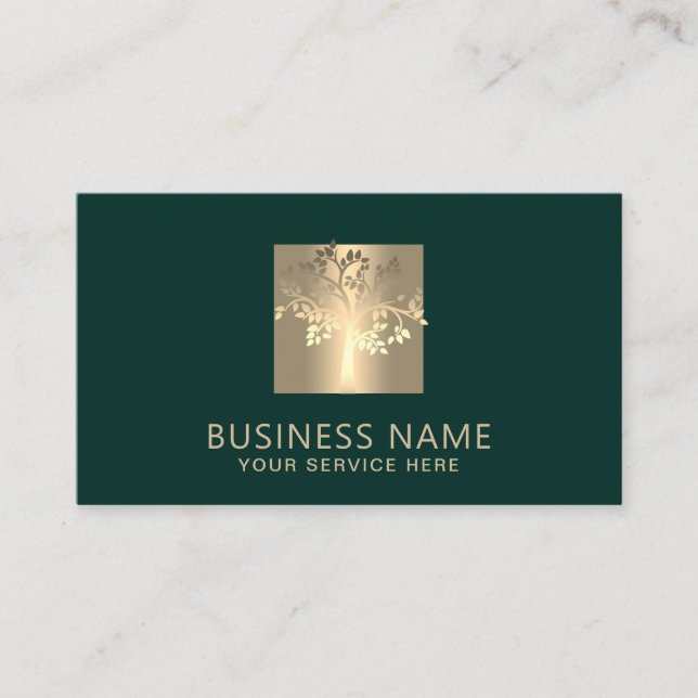 Tree Logo Modern Green & Gold Professional Business Card (Front)
