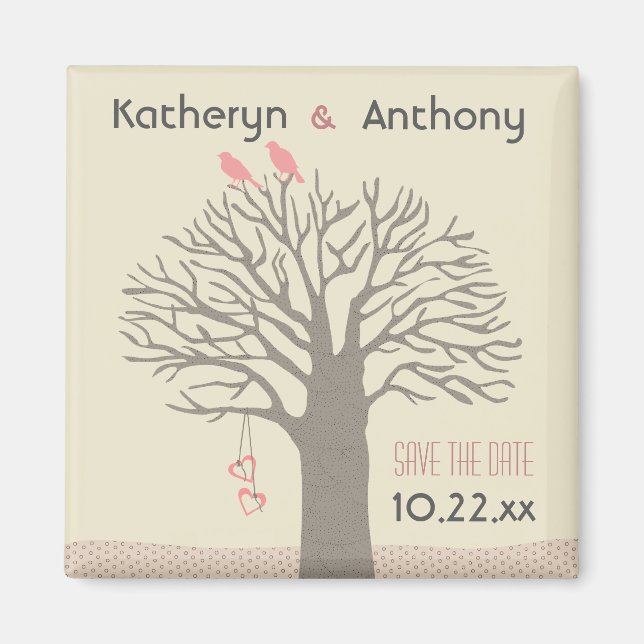 Tree Love Birds Save The Date Magnet Pink (Front)