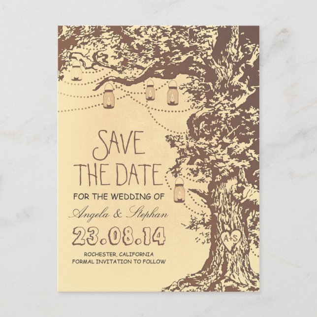 tree mason jars rustic save the date postcards (Front)