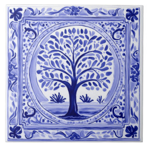Tree Mediterranean Rustic Blue and White Folk Art Tile