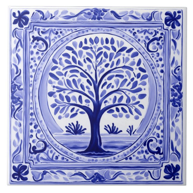 Tree Mediterranean Rustic Blue and White Folk Art Tile (Front)
