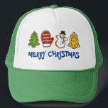 Tree Mitten Snowman Bell Merry Christmas Cookie Trucker Hat<br><div class="desc">Features an original marker illustration of a classic assortment of Christmas sugar cookies,  with MERRY CHRISTMAS in a fun font. Perfect for Christmas!
This design is also available on other products. Don't see what you're looking for? Need help with customization? Contact Rebecca to have something designed just for you.</div>