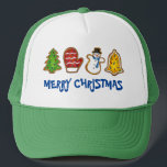 Tree Mitten Snowman Bell Merry Christmas Cookie Trucker Hat<br><div class="desc">Features an original marker illustration of a classic assortment of Christmas sugar cookies,  with MERRY CHRISTMAS in a fun font. Perfect for Christmas!
This design is also available on other products. Don't see what you're looking for? Need help with customization? Contact Rebecca to have something designed just for you.</div>