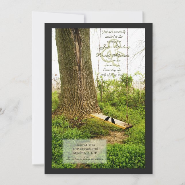 Tree n Swing Country Wedding Invitations w Birds (Front)