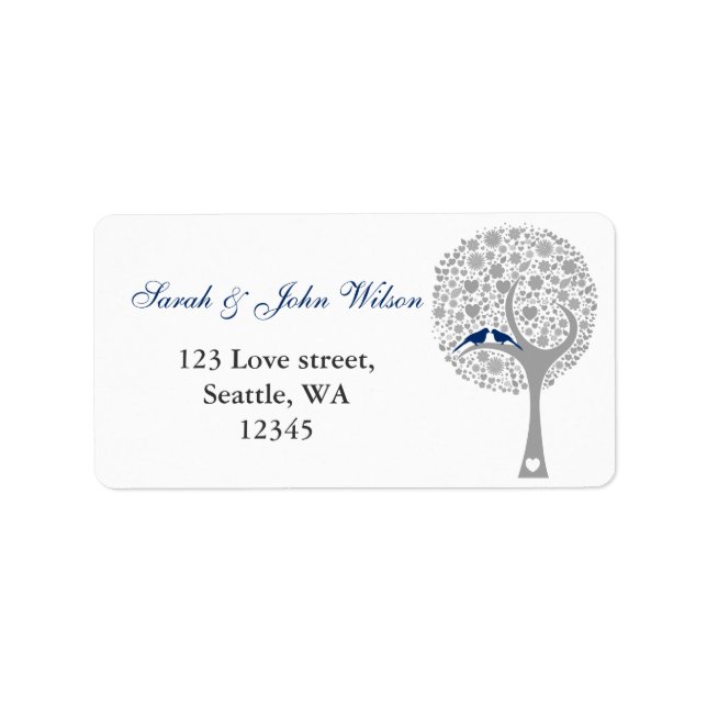 tree navy blue lovebirds return address label (Front)