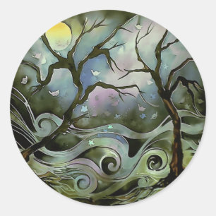 tree night scene full moon silk art painting classic round sticker