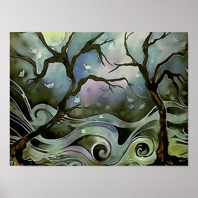 tree night scene full moon silk art painting poster (Front)