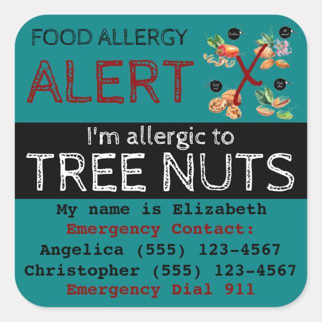 Tree Nut Food Allergy Alert Sticker Teal (Front)