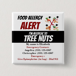 Tree Nut Food Allergy Alert Warning Label 2 Inch Square Button
