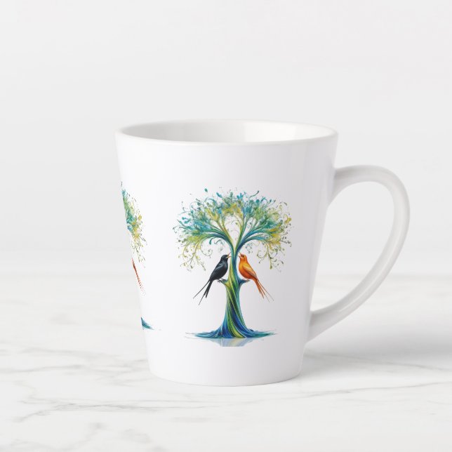 Tree of Harmony– Vibrant Two Birds Abstract Nature Latte Mug (Right)