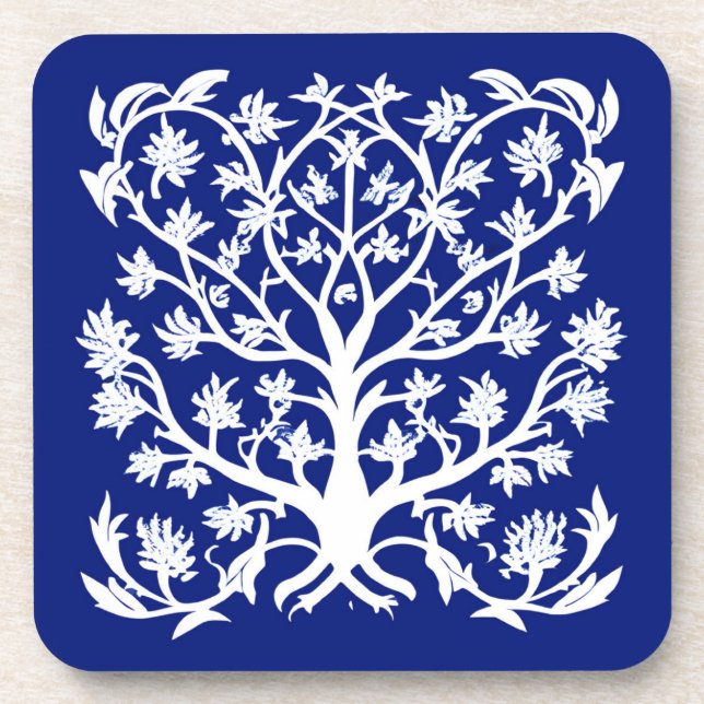 Tree of Life #4 White and Cobalt Blue Coaster (Front)