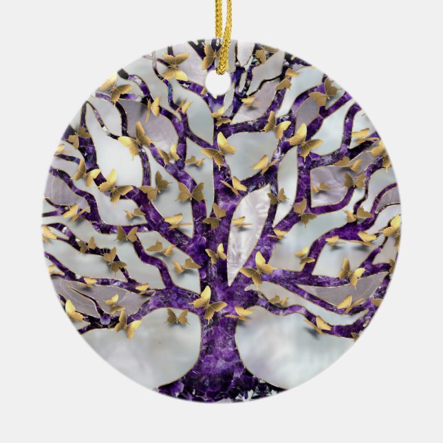 Tree of Life - Amethyst and Butterflies Ceramic Ornament (Front)