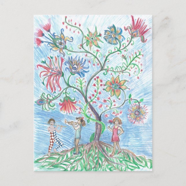 Tree of life and two figures announcement postcard (Front)