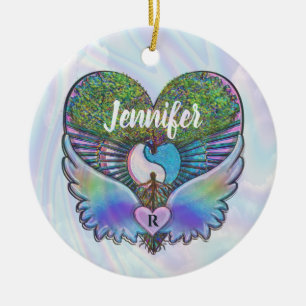 Tree of Life, Angel Wings, Rainbow, Monogram Ceram Ceramic Ornament