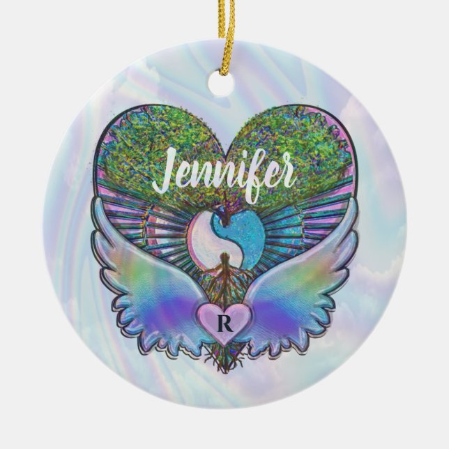 Tree of Life, Angel Wings, Rainbow, Monogram Ceram Ceramic Ornament (Front)
