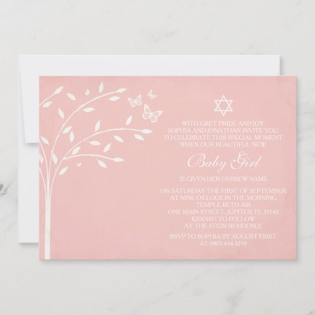 Tree of Life Baby Girl Naming Day Invite Butterfly (Front)