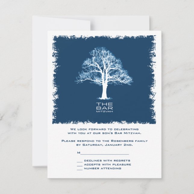 Tree of Life Bar Mitzvah RSVP Reply Card Navy (Front)