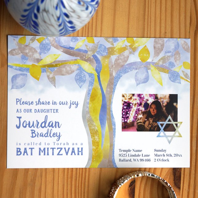 Tree of Life Bat Mitzvah Invitation (Blue and yellow tree of life with sparkly leaves, star of david over photo)