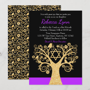 Tree of Life Birds Purple Gold Bat Mitzvah Invitation