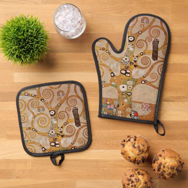 Tree of Life by Gustav Klimt, Stylized Art Nouveau Oven Mitt & Pot Holder Set (Top Down)