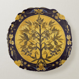 Tree of Life by kedoki black gold embroidery Throw Round Pillow