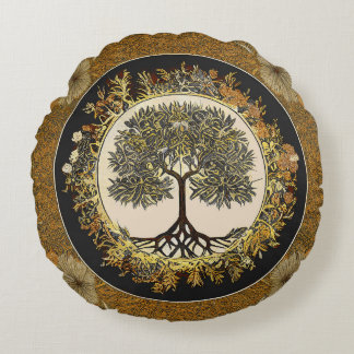 Tree of Life by kedoki Floral Gold Embroidery Thro Round Pillow