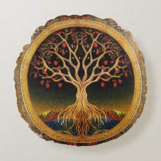 Tree of Life by kedoki Floral Vintage embroidery T Round Pillow