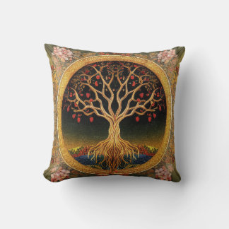 Tree of Life by kedoki Floral Vintage embroidery Throw Pillow
