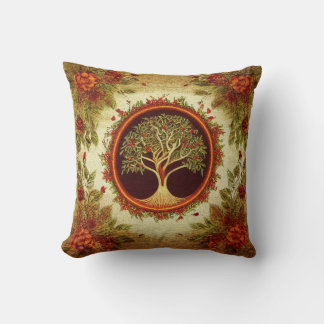 Tree of Life by kedoki Green and Orange Embroidery Throw Pillow