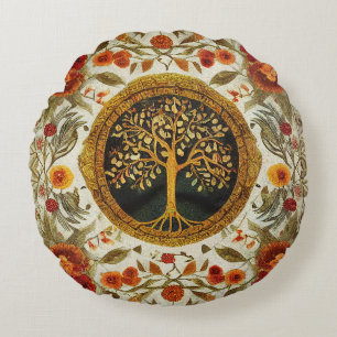 Tree of Life by kedoki Orange Green White Throw Pi Round Pillow