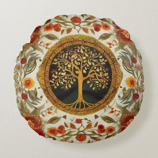 Tree of Life by kedoki Orange Green White Throw Pi Round Pillow (Front)